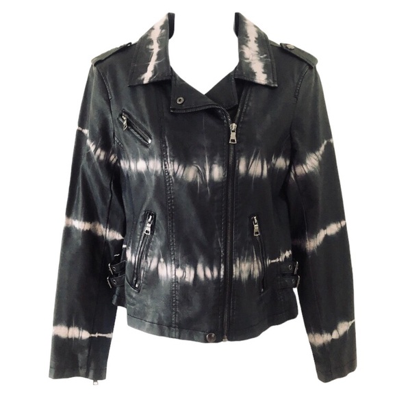 Bar III Faux Leather Jacket Black & Gray Tie-Dye Pattern Zipped Pockets Size S - Picture 5 of 11